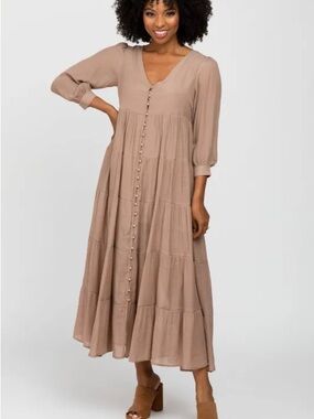 Tiered Button-Front Maxi Dress in Taupe